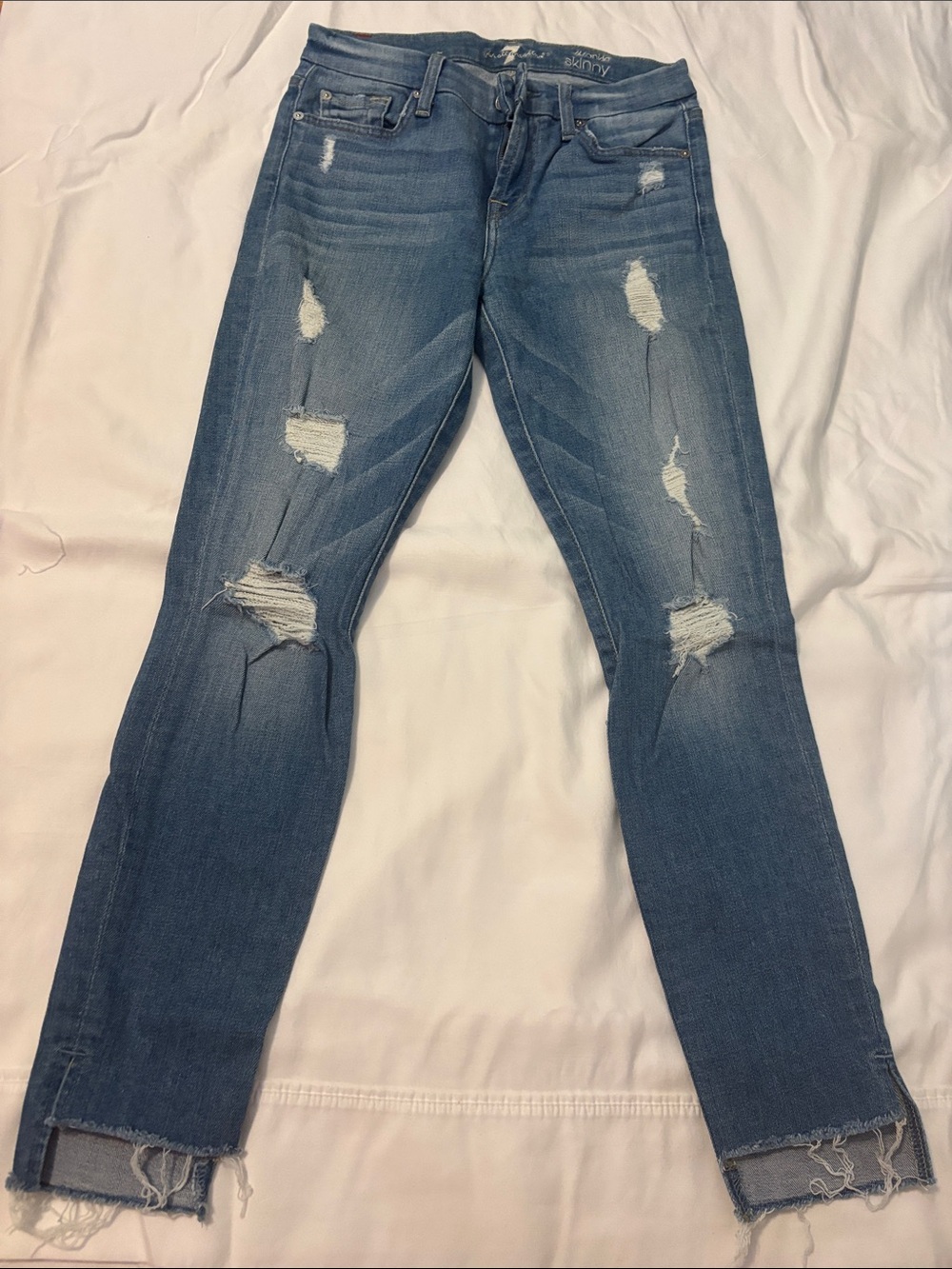 7 For All Mankind Distressed Light Blue Skinny Jeans